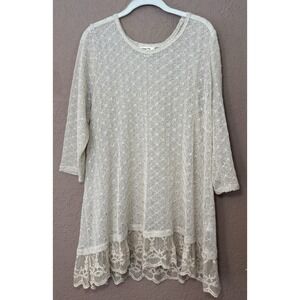 Krazy Kat Lightweight Knit Sweater XXL Beige W/‎ Lace Trim 3/4 Sleeve Round Neck